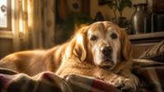 Senior Golden Retriever resting on warm blanket in Indian home winter morning