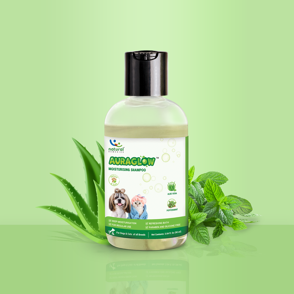 Natural Moisturizing Pet Shampoo with Aloe Vera & Peppermint - Auraglow for Dogs & Cats | Deep Hydration & Glossy Shine - SLS & Paraben Free